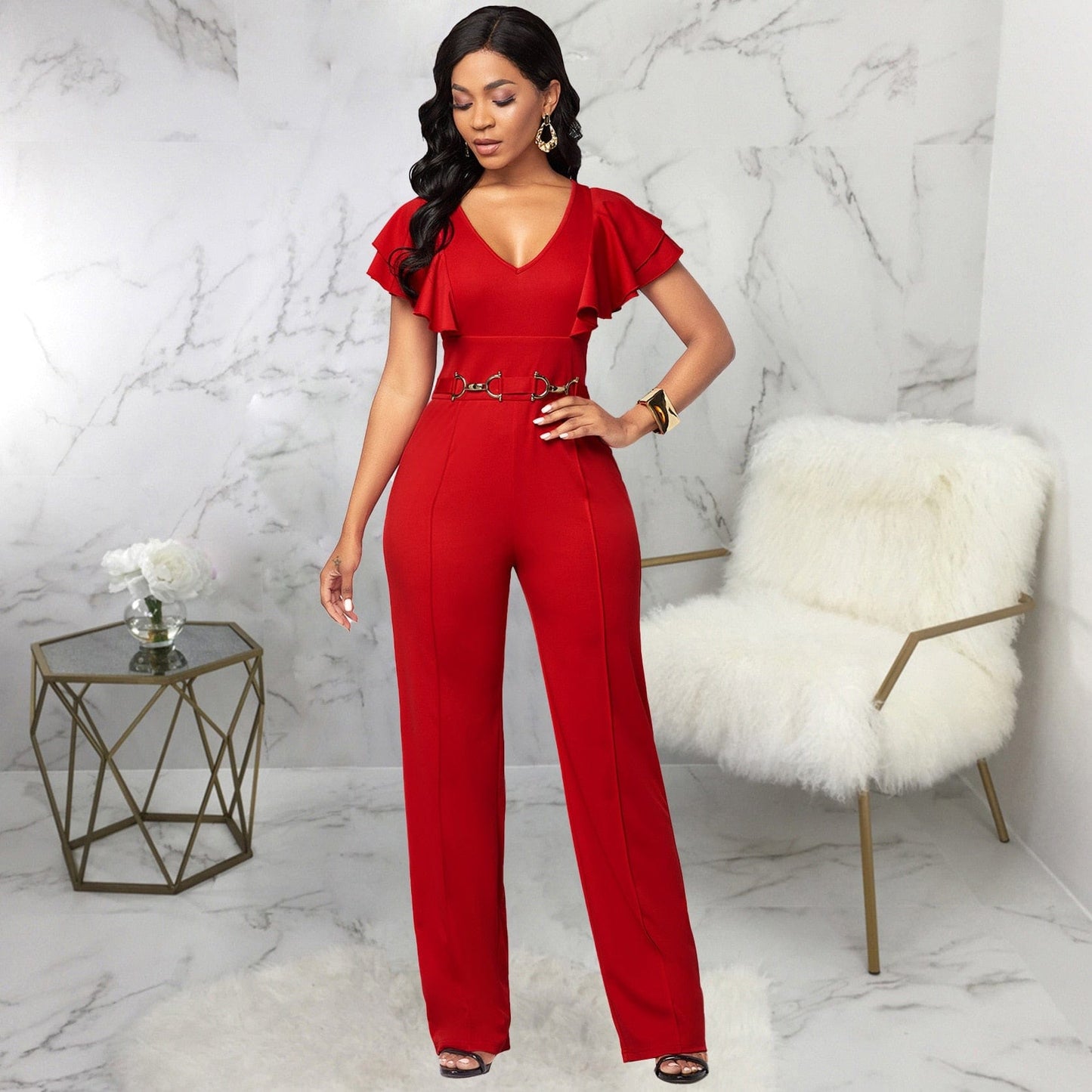 Cap Point Elianne High Waist Plain Short Sleeve Wide Leg Jumpsuit