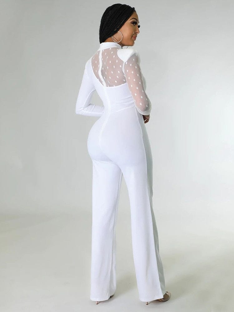 Cap Point Elianne Polka Dot Mesh Long Sleeve Straight  Jumpsuit