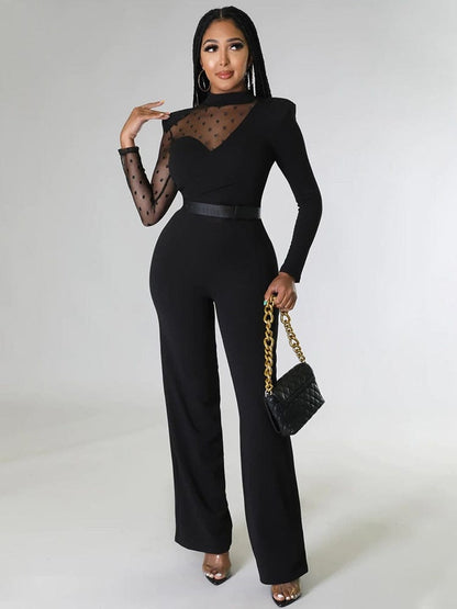 Cap Point Elianne Polka Dot Mesh Long Sleeve Straight  Jumpsuit