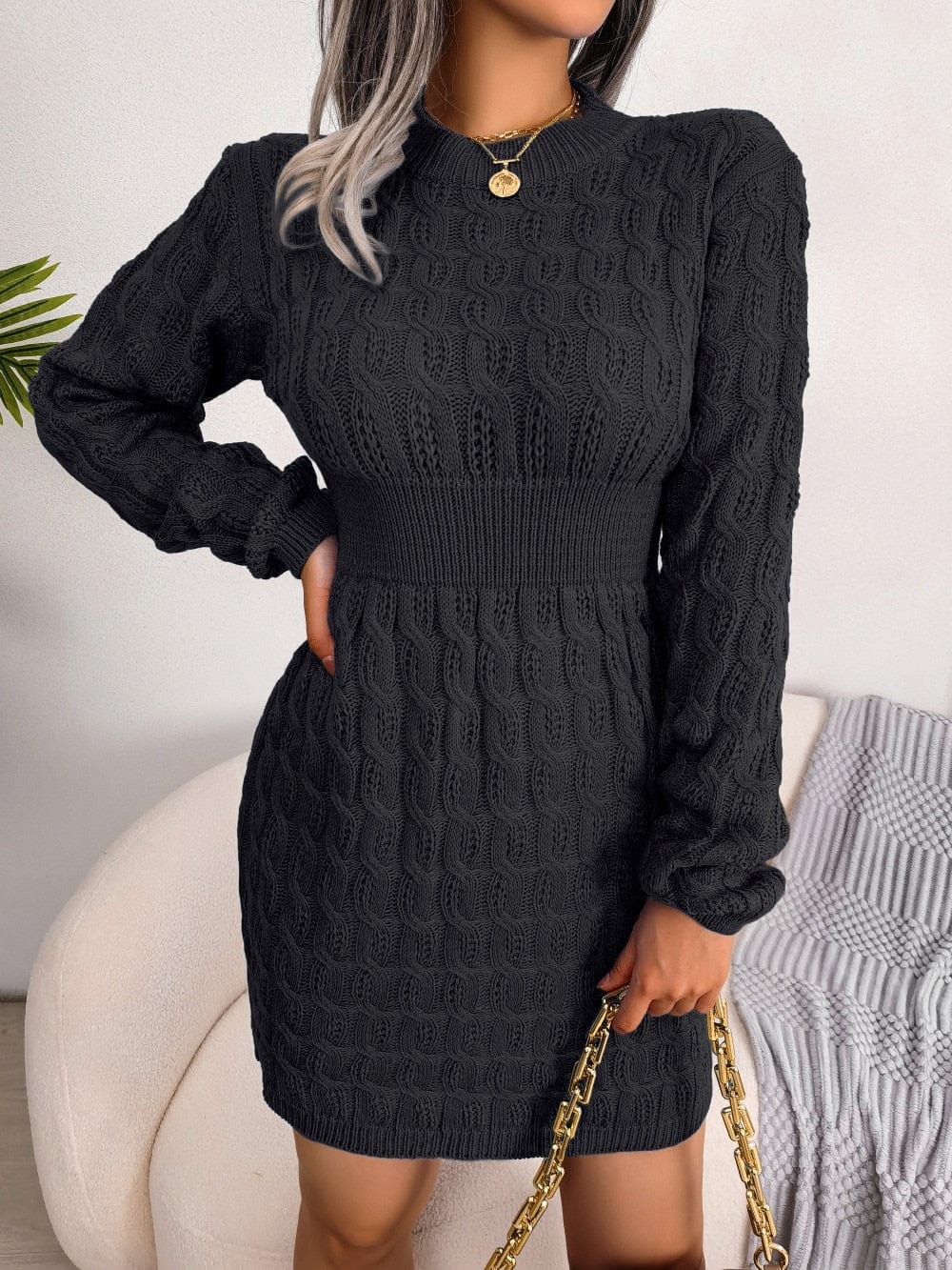 Cap Point Elisa Fashion O Neck Solid Elastic Winter Twist Knitting Sweater Dress