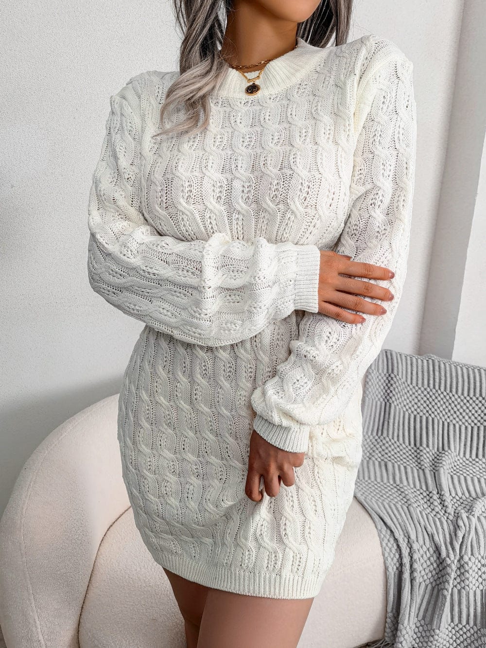 Cap Point Elisa Fashion O Neck Solid Elastic Winter Twist Knitting Sweater Dress