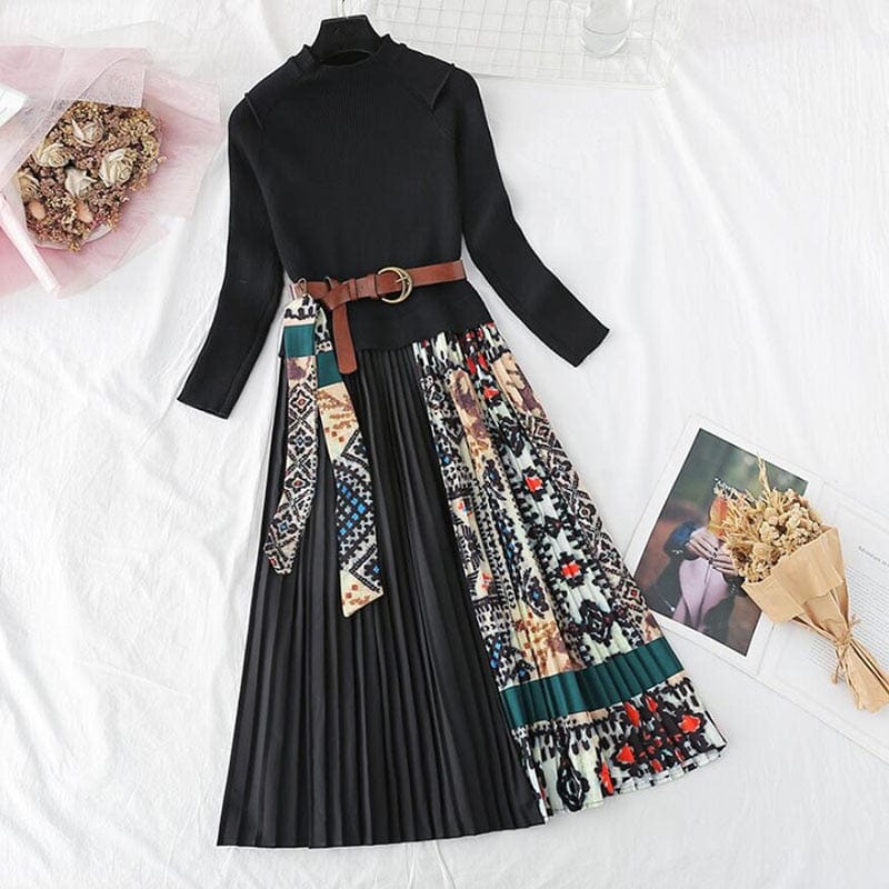 Cap Point Elisa Knitted A-line Long Sleeve Pleated Sweater Dress
