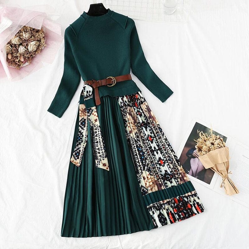 Cap Point Elisa Knitted A-line Long Sleeve Pleated Sweater Dress