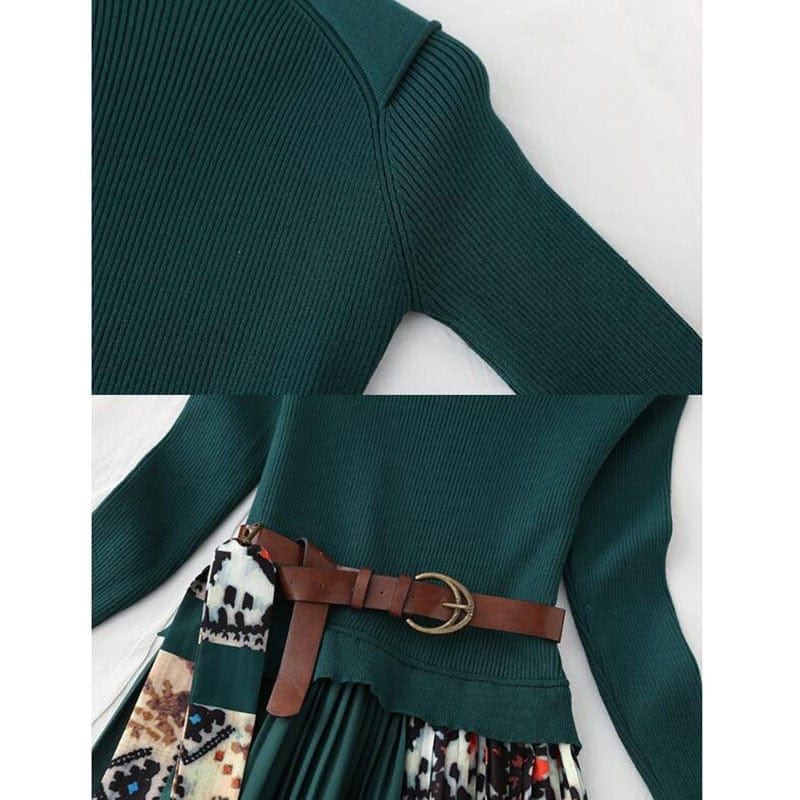 Cap Point Elisa Knitted A-line Long Sleeve Pleated Sweater Dress