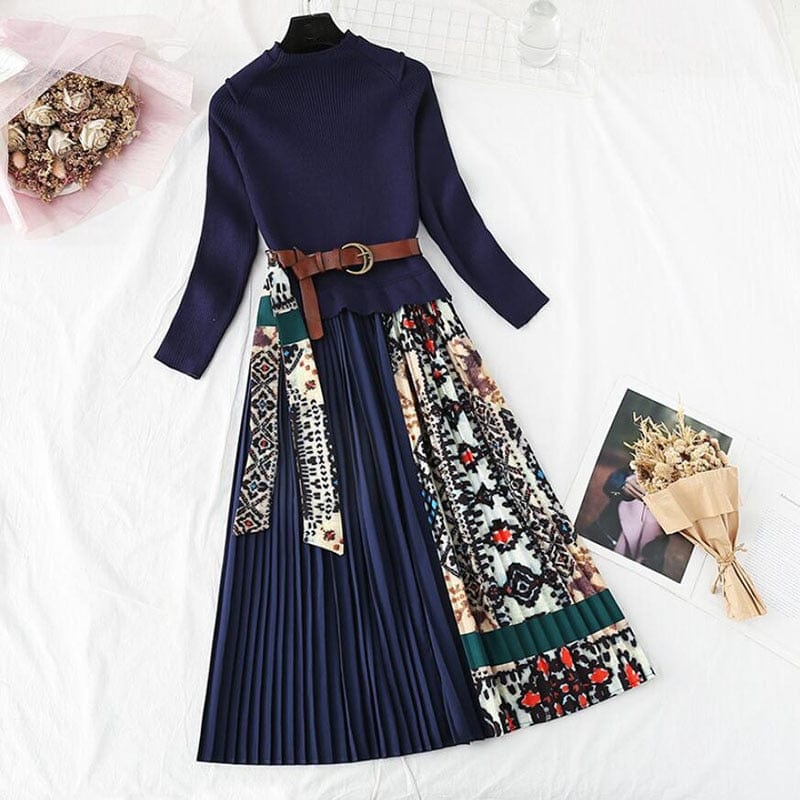 Cap Point Elisa Knitted A-line Long Sleeve Pleated Sweater Dress