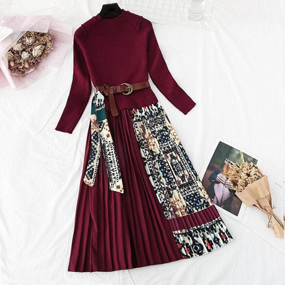 Cap Point Elisa Knitted A-line Long Sleeve Pleated Sweater Dress