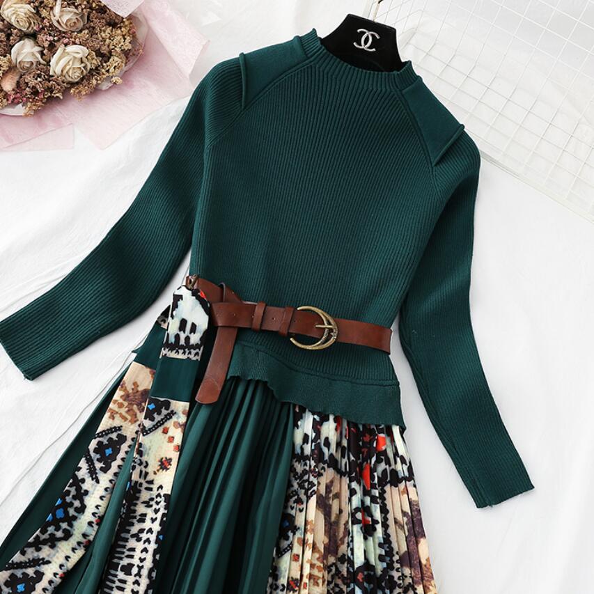 Cap Point Elisa Knitted A-line Long Sleeve Pleated Sweater Dress