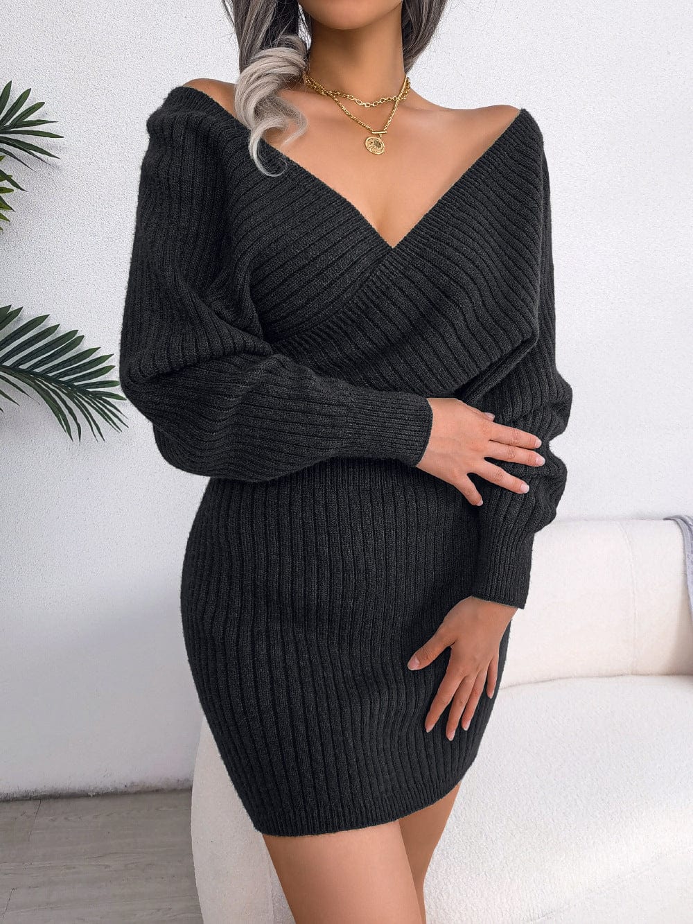 Cap Point Elisa Long Batwing Sleeve Slim Elastic Knitted Sweater Dress
