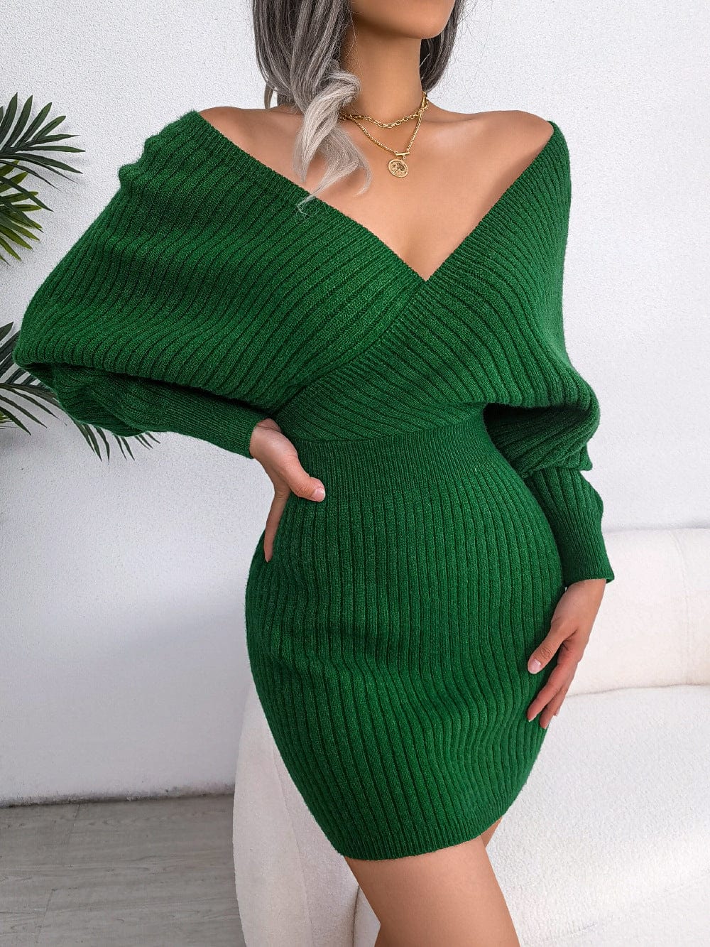 Cap Point Elisa Long Batwing Sleeve Slim Elastic Knitted Sweater Dress