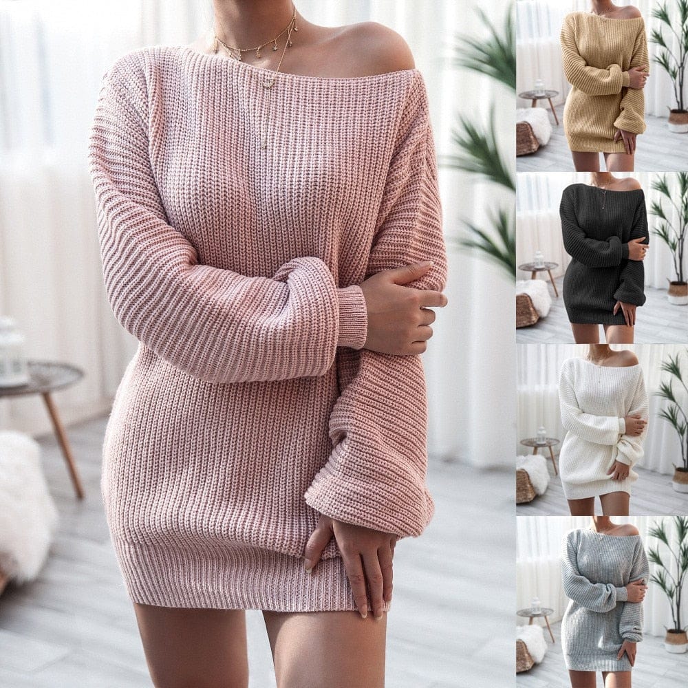 Cap Point Elisa Off Shoulder Lantern Long Sleeve Knitted Sweater Dress