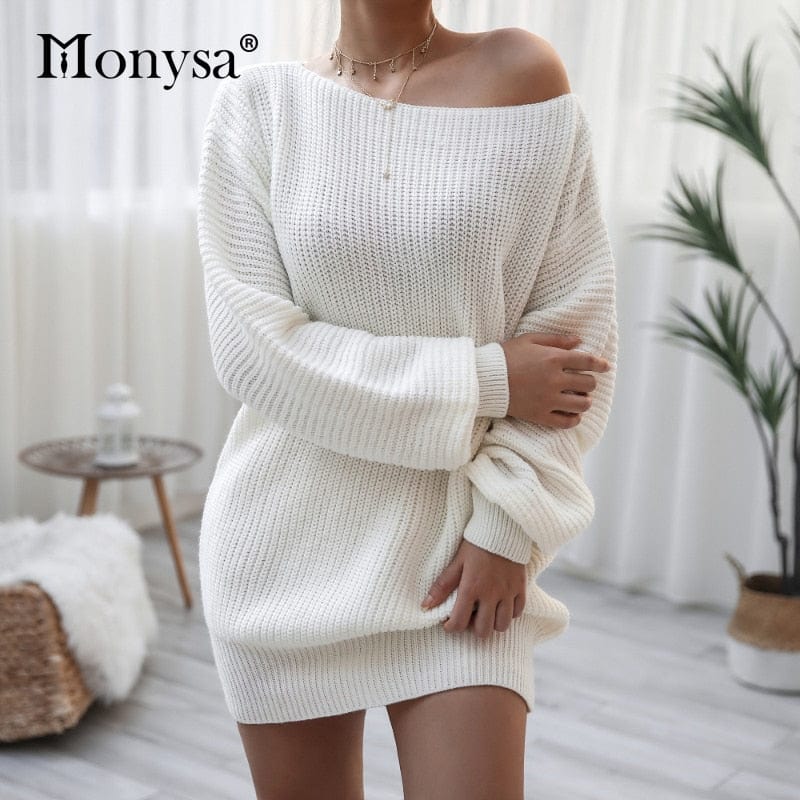 Cap Point Elisa Off Shoulder Lantern Long Sleeve Knitted Sweater Dress