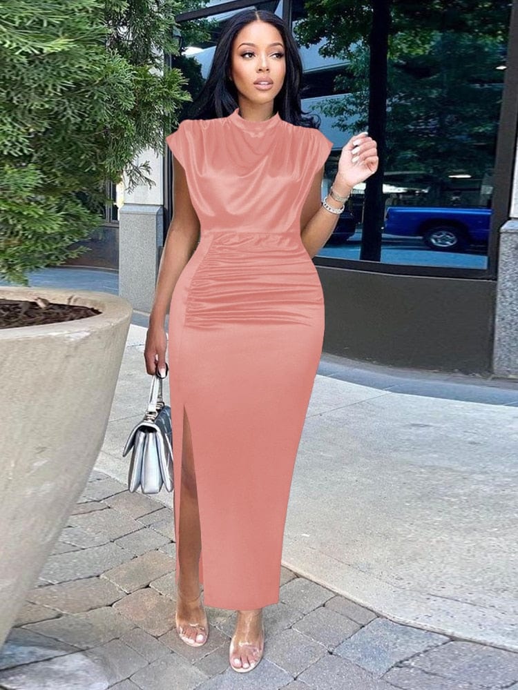 Cap Point Elisabeth Long Pleated Elegant Slit High Collar Slim Fit Sleeveless Maxi Dress