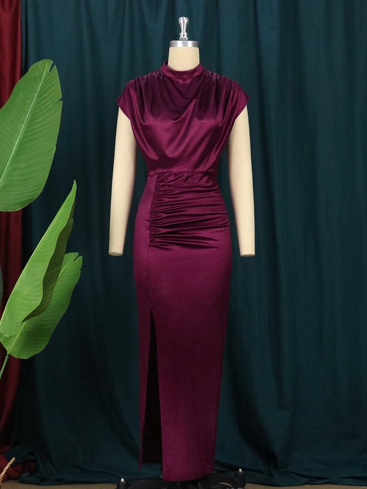 Cap Point Elisabeth Long Pleated Elegant Slit High Collar Slim Fit Sleeveless Maxi Dress