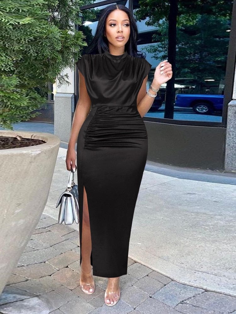 Cap Point Elisabeth Long Pleated Elegant Slit High Collar Slim Fit Sleeveless Maxi Dress