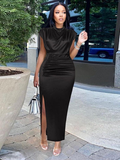 Cap Point Elisabeth Long Pleated Elegant Slit High Collar Slim Fit Sleeveless Maxi Dress