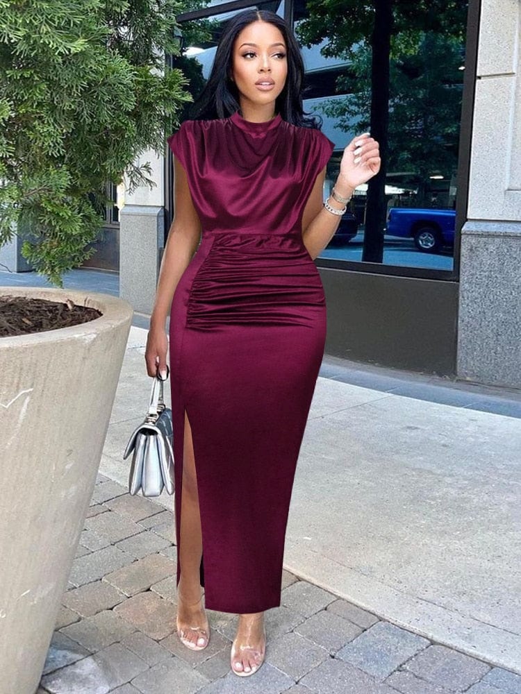 Cap Point Elisabeth Long Pleated Elegant Slit High Collar Slim Fit Sleeveless Maxi Dress