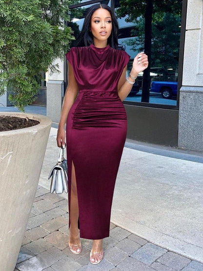 Cap Point Elisabeth Long Pleated Elegant Slit High Collar Slim Fit Sleeveless Maxi Dress