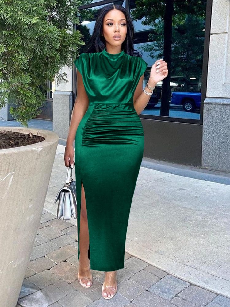 Cap Point Elisabeth Long Pleated Elegant Slit High Collar Slim Fit Sleeveless Maxi Dress