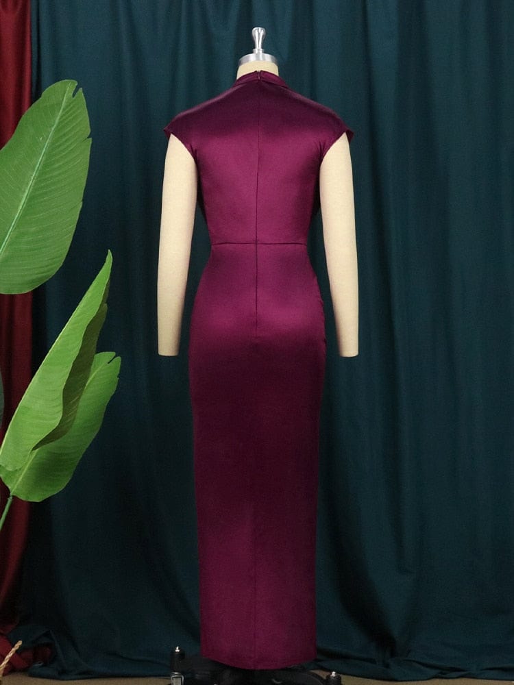 Cap Point Elisabeth Long Pleated Elegant Slit High Collar Slim Fit Sleeveless Maxi Dress