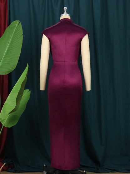 Cap Point Elisabeth Long Pleated Elegant Slit High Collar Slim Fit Sleeveless Maxi Dress