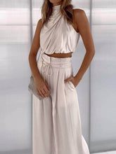 Load image into Gallery viewer, Cap Point Eliza Two Piece Silk Pleated Texture Sleeveless Top Wide Leg Pants Set
