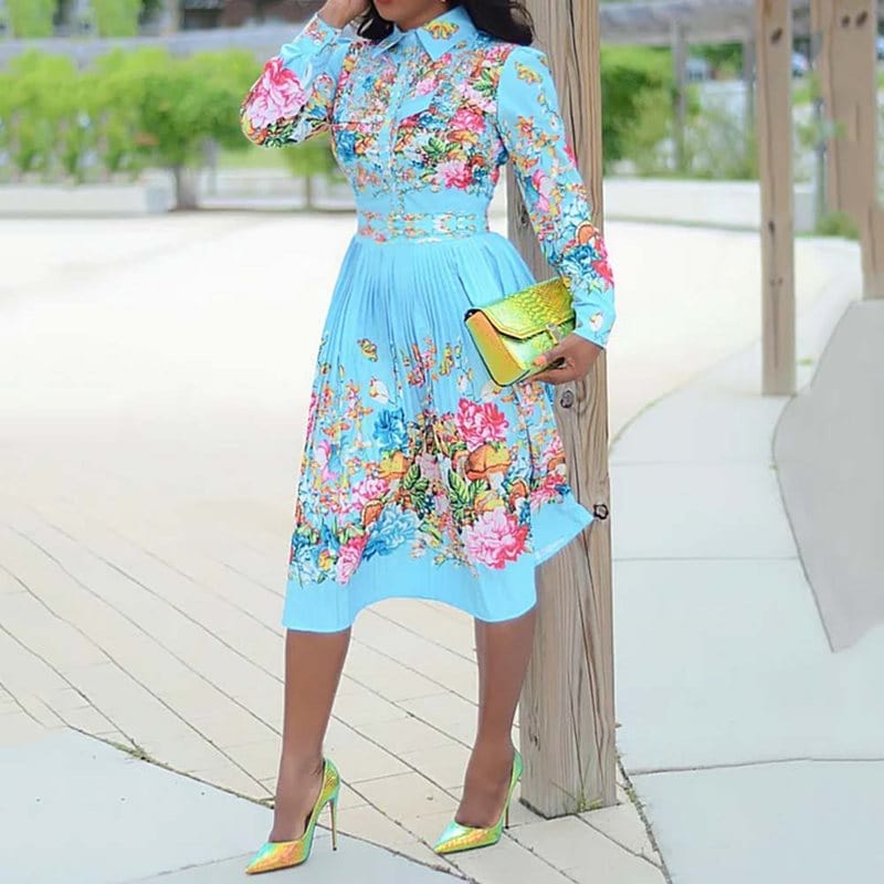 Cap Point Elmeda Long Sleeve Pleated Floral Print Dress
