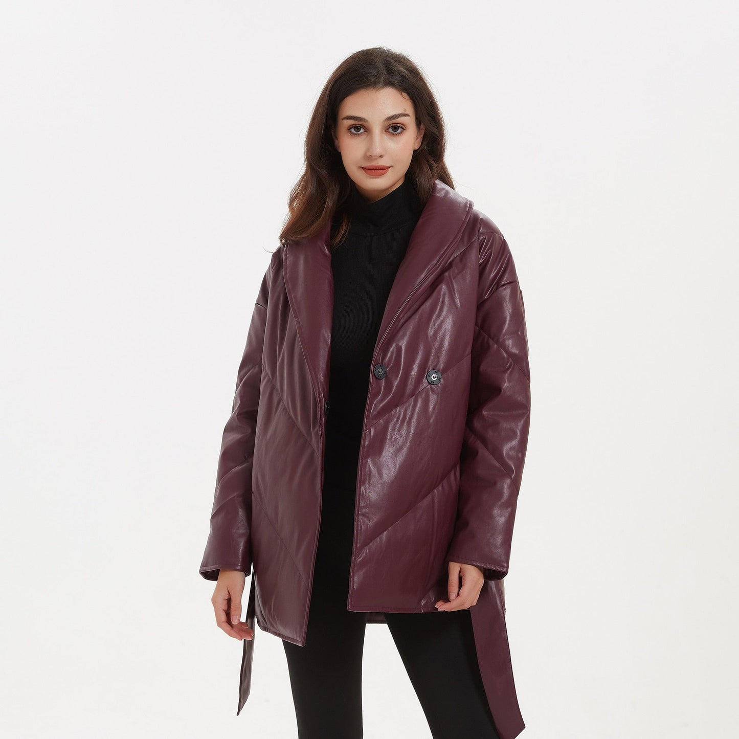 Cap Point Emery Autumn Winter Elegant Tie Belt Parkas Loose PU Leather Coat