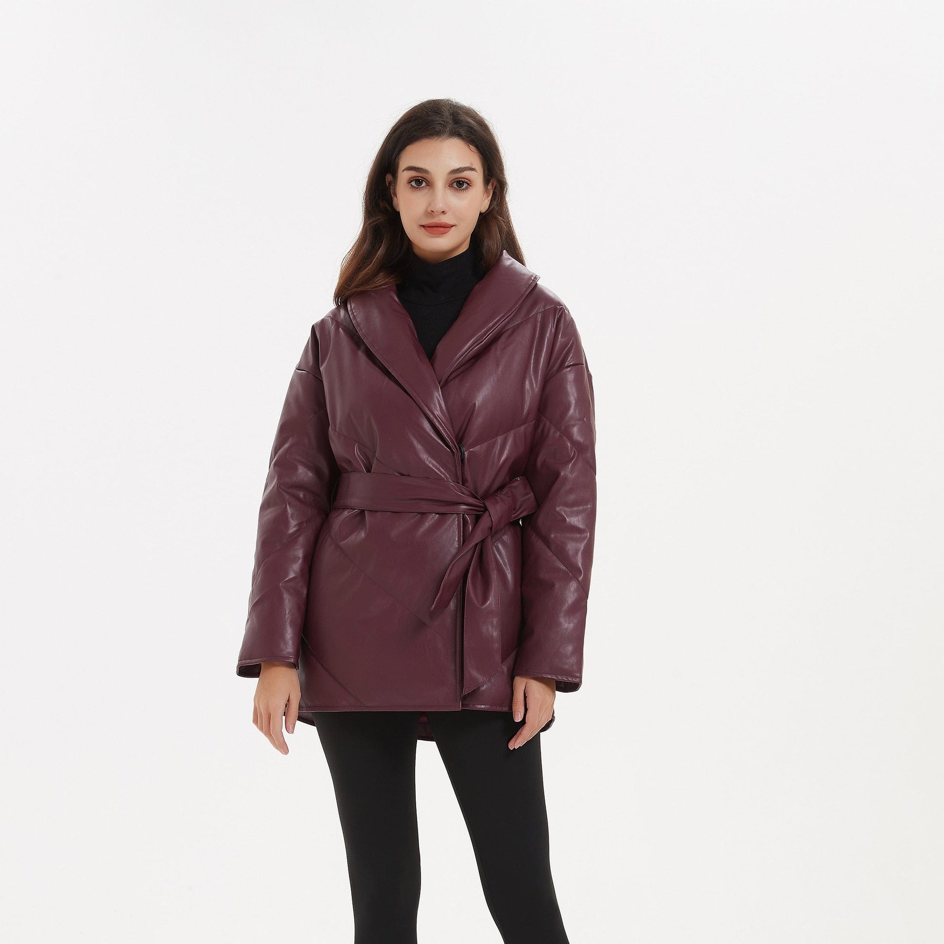 Cap Point Emery Autumn Winter Elegant Tie Belt Parkas Loose PU Leather Coat