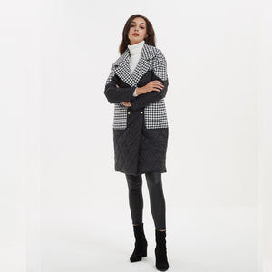 Cap Point Emery Elegant Loose Turn Down Collar Parkas Patchwork Houndstooth Coat