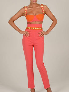Cap Point Emilie Matching Set Spaghetti Strap Buttons Crop Top And High Waist Trousers