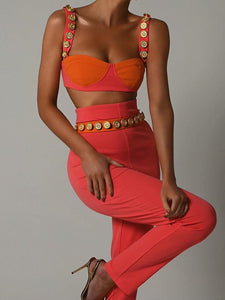 Cap Point Emilie Matching Set Spaghetti Strap Buttons Crop Top And High Waist Trousers