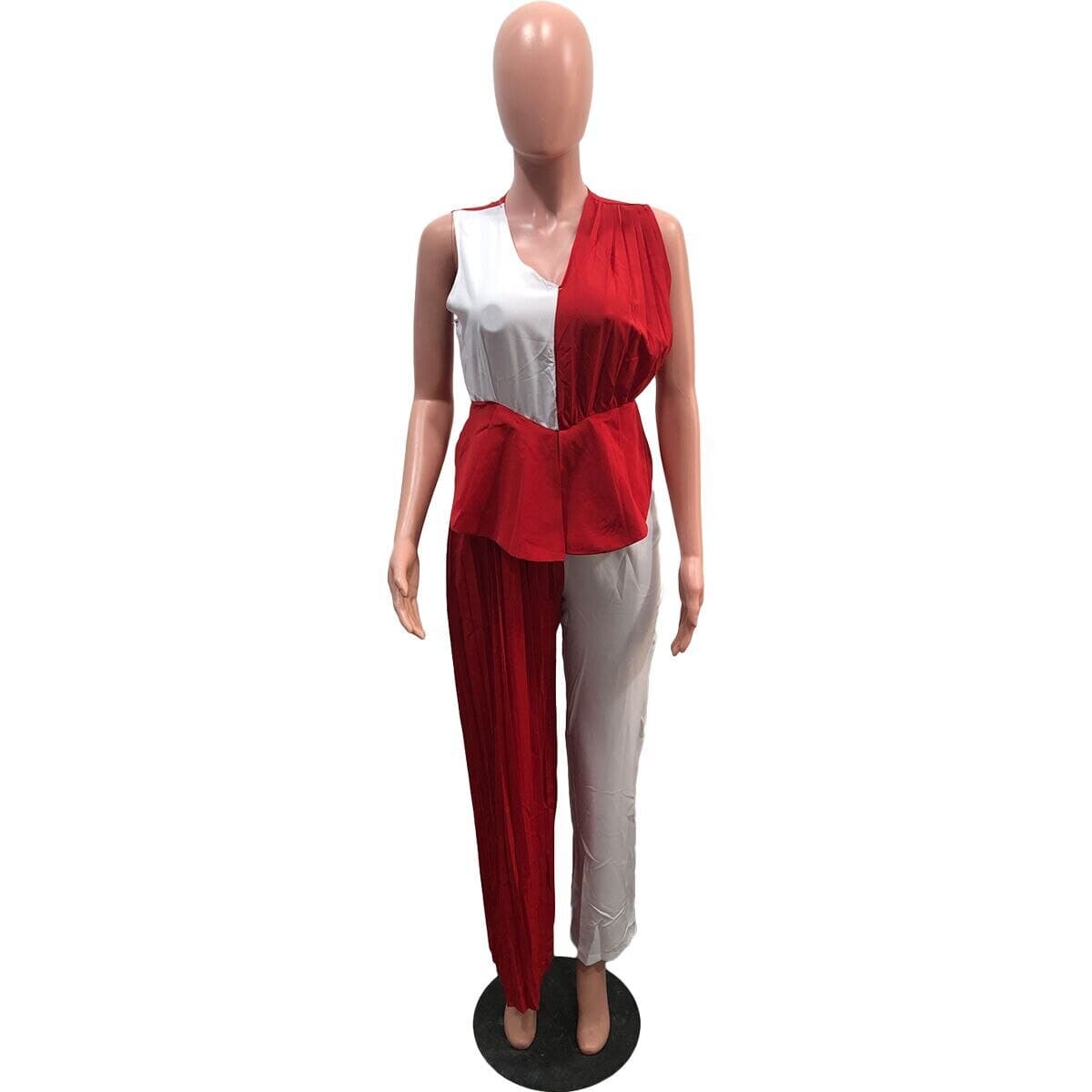 Cap Point Emilie Patchwork Pleated Sleevel V-neck Wide Leg Staight Sleeveless Jumpsuit