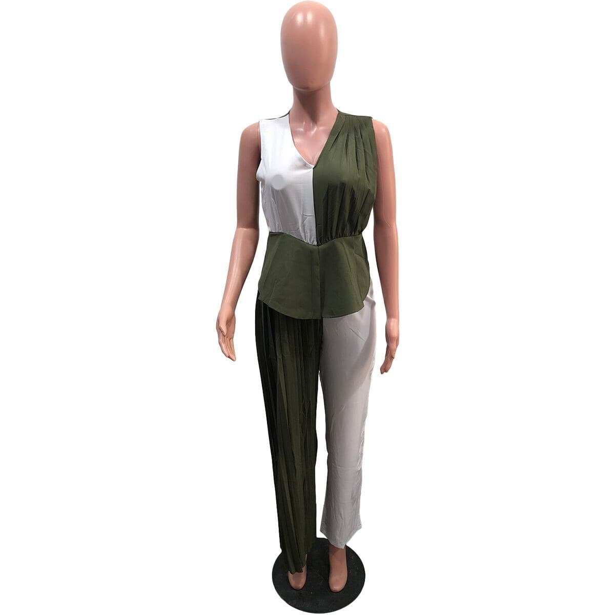 Cap Point Emilie Patchwork Pleated Sleevel V-neck Wide Leg Staight Sleeveless Jumpsuit