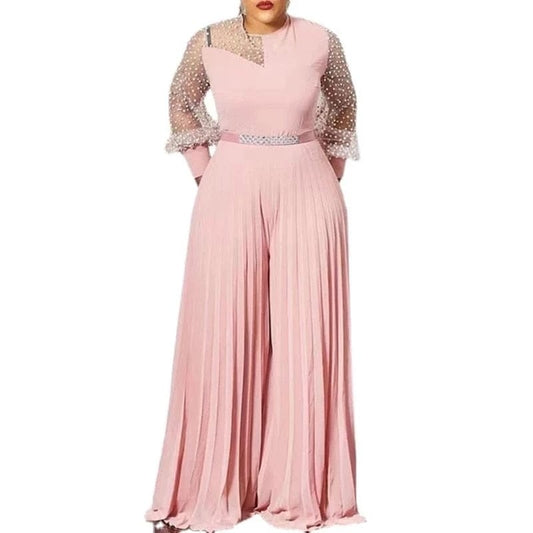 Cap Point Emilie Patchwork Wide Leg Long Sleeve Pleated One Piece Jumpsuit