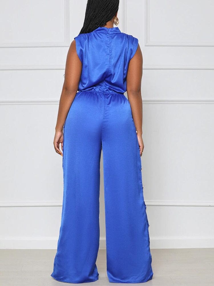 Cap Point Emilie Pile Neck Elastic Waist Wide Leg Split Sleeveless One Piece Overall Romper
