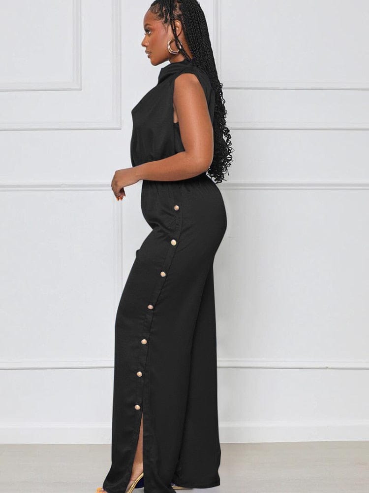 Cap Point Emilie Pile Neck Elastic Waist Wide Leg Split Sleeveless One Piece Overall Romper