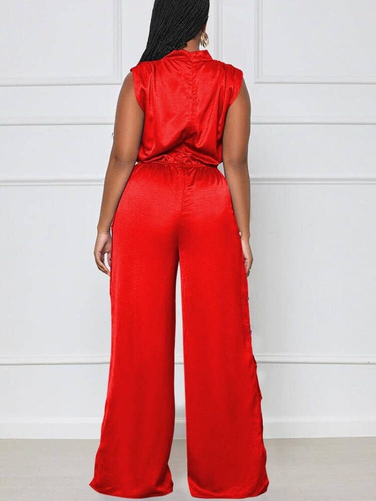 Cap Point Emilie Pile Neck Elastic Waist Wide Leg Split Sleeveless One Piece Overall Romper