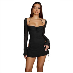Cap Point Emmanuella Flared mini dress with long sleeves and square neck