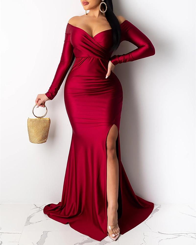 Cap Point Eve Elegant Off Shoulder Ruched Slit Long Dress