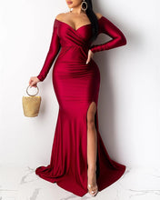 Load image into Gallery viewer, Cap Point Eve Elegant Off Shoulder Ruched Slit Long Dress
