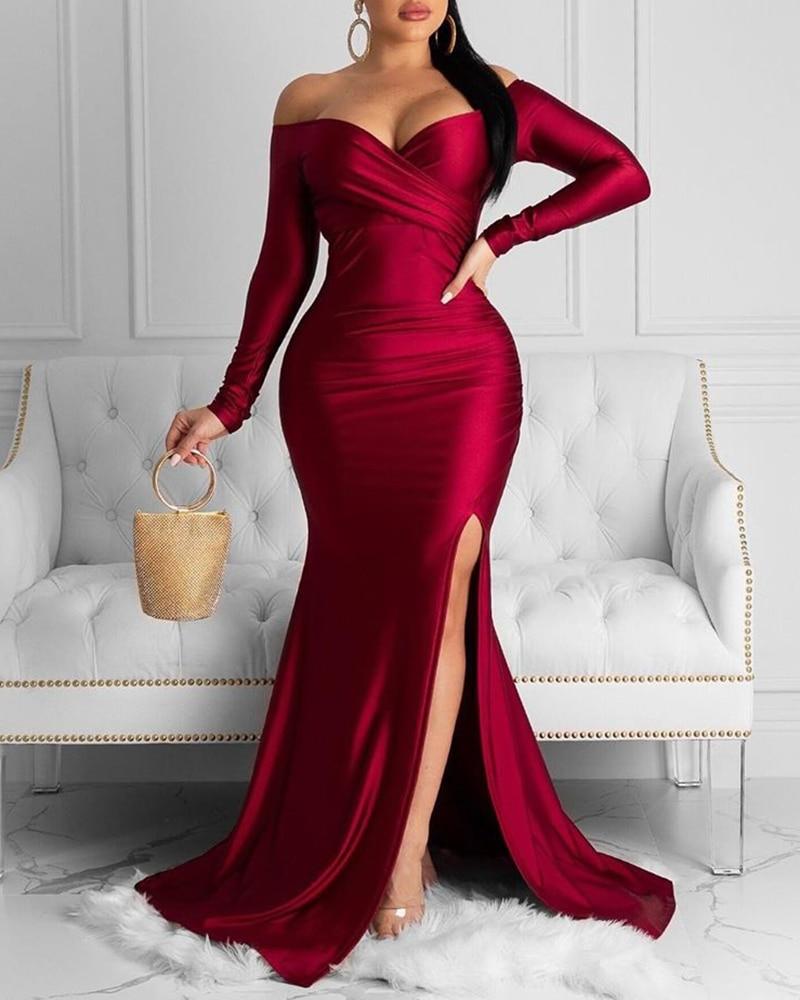Cap Point Eve Elegant Off Shoulder Ruched Slit Long Dress