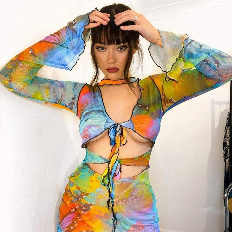 Cap Point Ezen Butterfly Tie Dyeing Print Sexy Dress