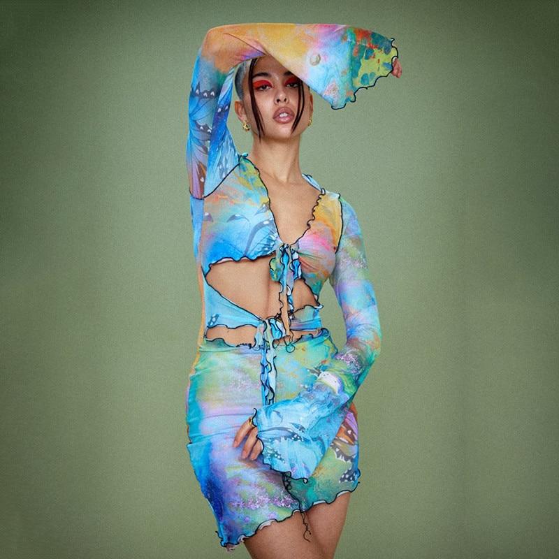 Cap Point Ezen Butterfly Tie Dyeing Print Sexy Dress