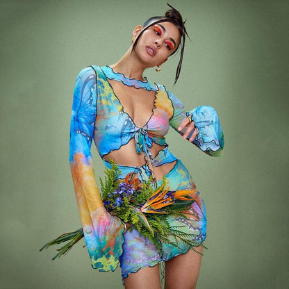 Cap Point Ezen Butterfly Tie Dyeing Print Sexy Dress