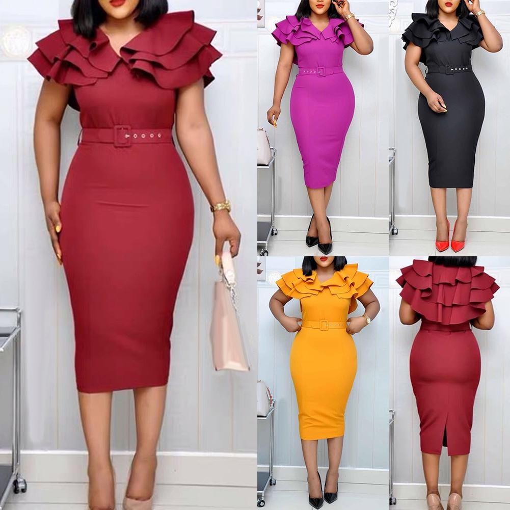 Cap Point Fashion V Neck Short Ruffled Sleeve Belt Bodycon Midi Dress