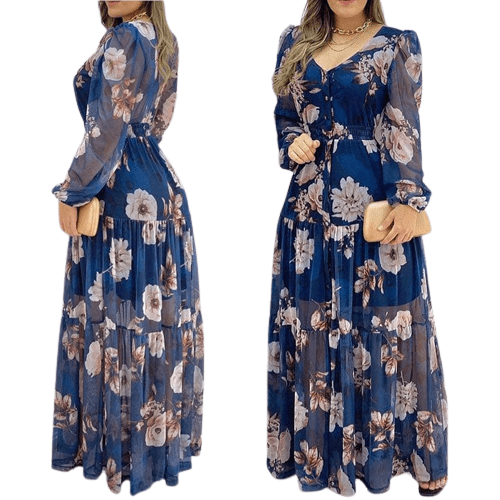 Cap Point Floral Print sexy V-Neck Chiffon Maxi Dress