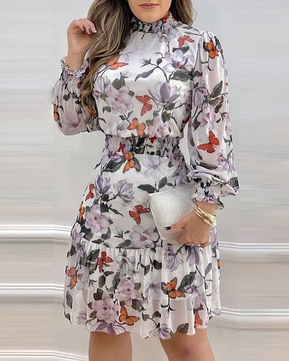 Cap Point Floral Print Turtleneck Lantern Sleeve Ruffle Mini Dress