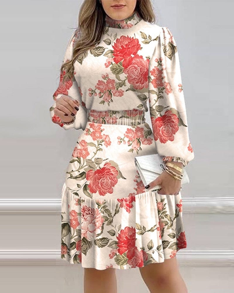 Cap Point Floral Print Turtleneck Lantern Sleeve Ruffle Mini Dress
