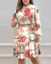 Load image into Gallery viewer, Cap Point Floral Print Turtleneck Lantern Sleeve Ruffle Mini Dress
