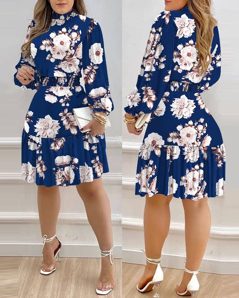 Cap Point Floral Print Turtleneck Lantern Sleeve Ruffle Mini Dress